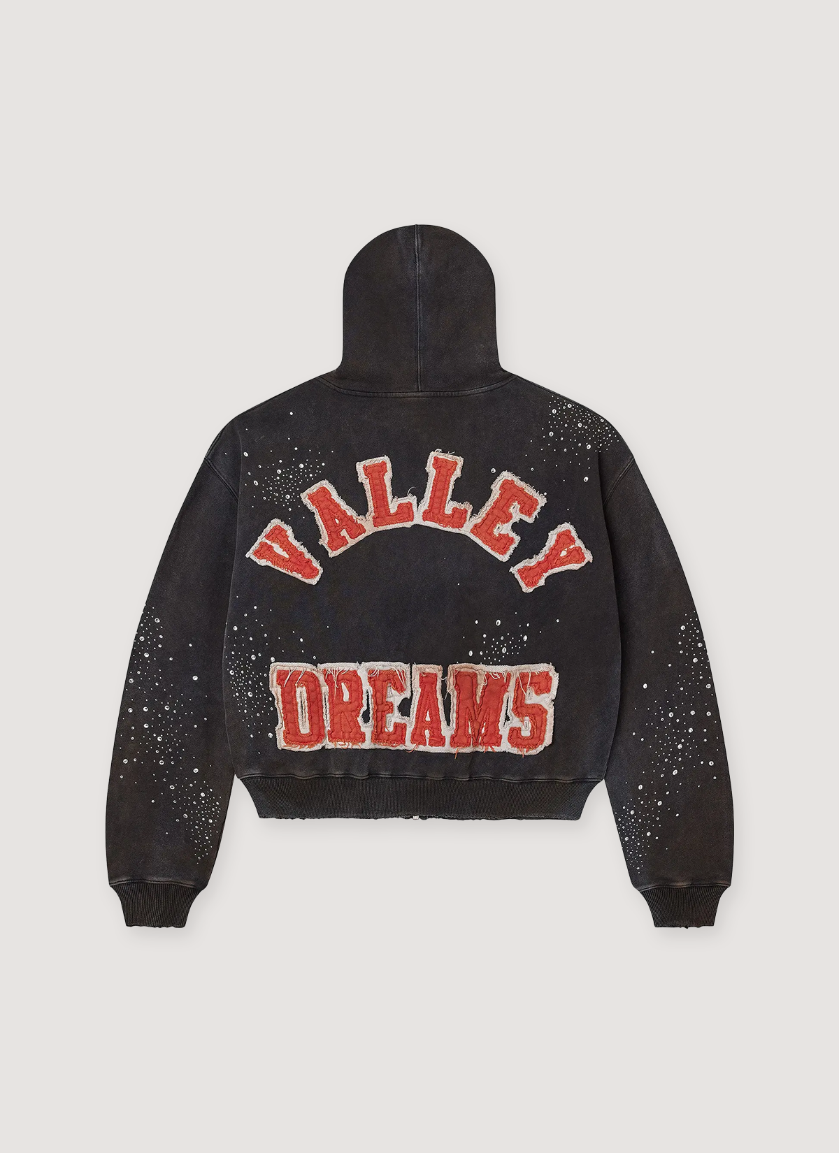 Vale Forever Clustered Zip Up Sweatshirt Hoodie dirty Vintage Black with rhinestones crystal embellishments all over, big embroidered red logo text that says Valley Dreams, back view Vale Forever Clustered Zip Up Sweatshirt - Image 2 | Authenticated at Pieces Los Angeles