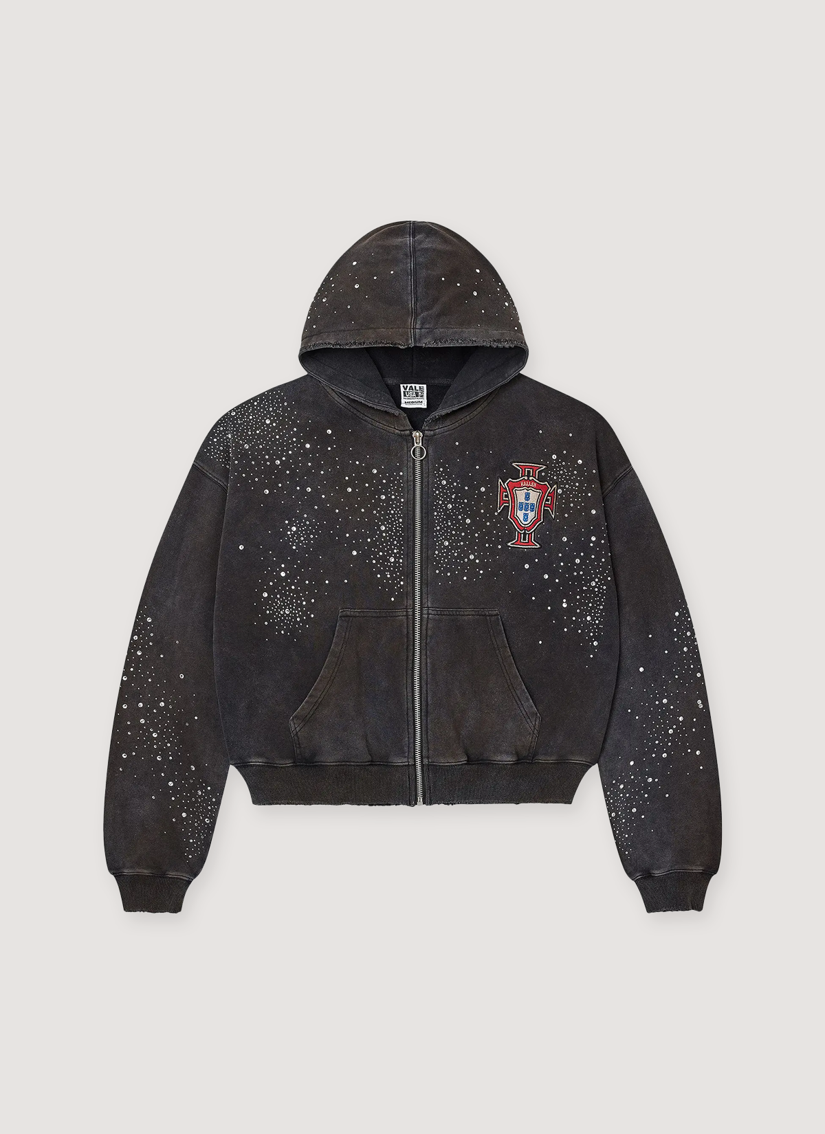 Vale Forever Clustered Zip Up Sweatshirt Hoodie Vintage Black with rhinestones crystal embellishments all over, embroidered red logo, front view Vale Forever Clustered Zip Up Sweatshirt - Image 1 | Authenticated at Pieces Los Angeles