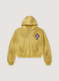 Vale Forever Clustered Zip Up Sweatshirt Hoodie Vintage Dirty Yellow vintage with rhinestones crystal embellishments all over, embroidered red logo, front view Vale Forever Clustered Zip Up Sweatshirt - Image 3 | Authenticated at Pieces Los Angeles