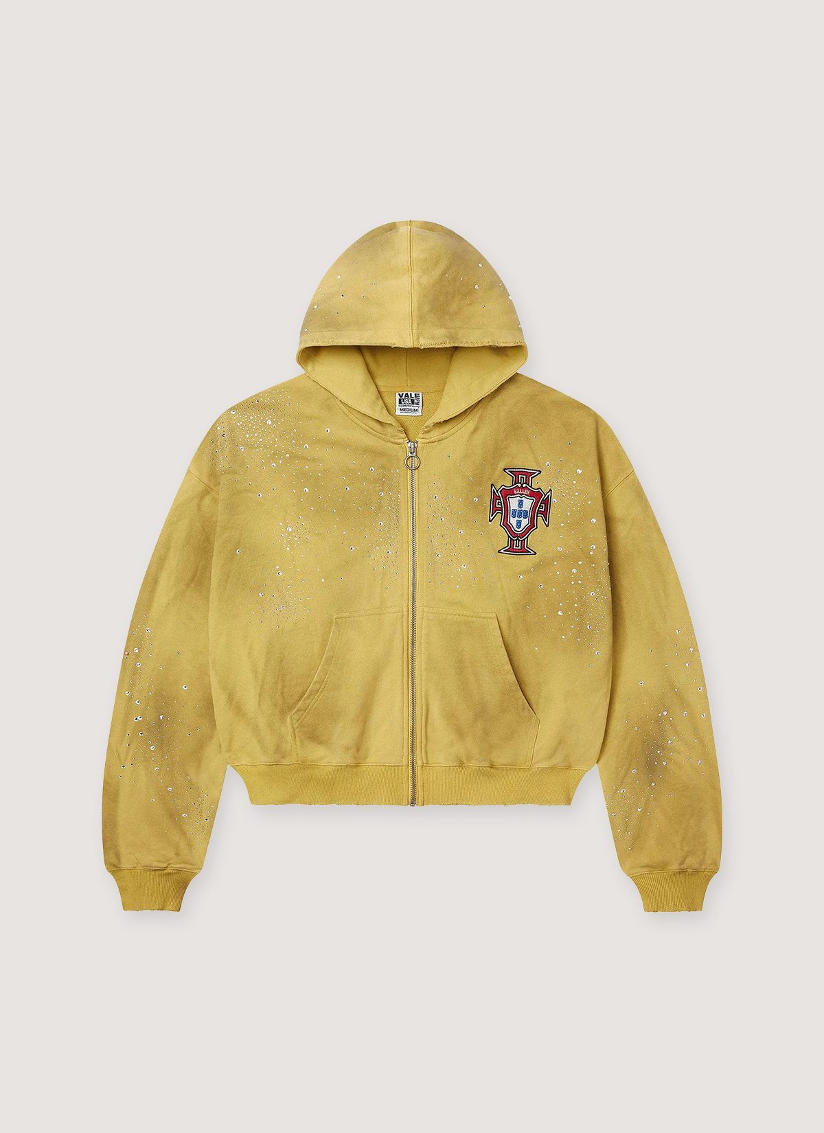 Vale Forever Clustered Zip Up Sweatshirt Hoodie Vintage Dirty Yellow vintage with rhinestones crystal embellishments all over, embroidered red logo, front view Vale Forever Clustered Zip Up Sweatshirt - Image 3 | Authenticated at Pieces Los Angeles