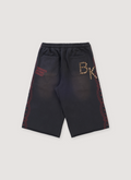 Boredom Kills Collegiate Sweat shorts washed black with designs and text, front view Boredom Kills Collegiate Sweatshorts - Image 2 | Authenticated at Pieces Los Angeles