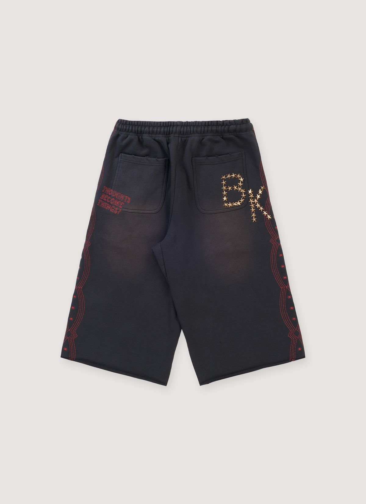 Boredom Kills Collegiate Sweat shorts washed black with designs and text, front view Boredom Kills Collegiate Sweatshorts - Image 2 | Authenticated at Pieces Los Angeles