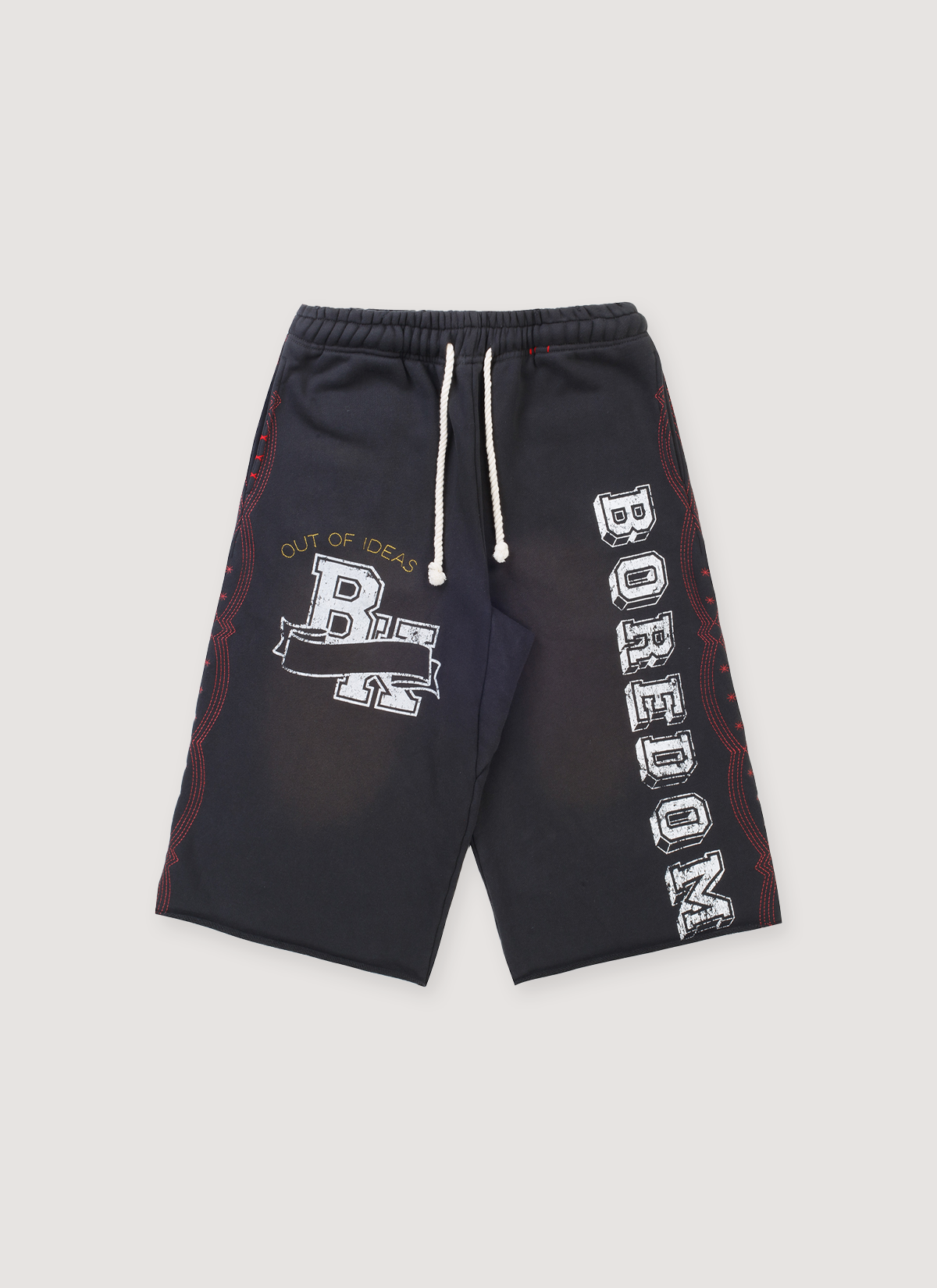 Boredom Kills Collegiate Sweat shorts washed black with designs, white text, and white drawstrings, front view Boredom Kills Collegiate Sweatshorts - Image 1 | Authenticated at Pieces Los Angeles