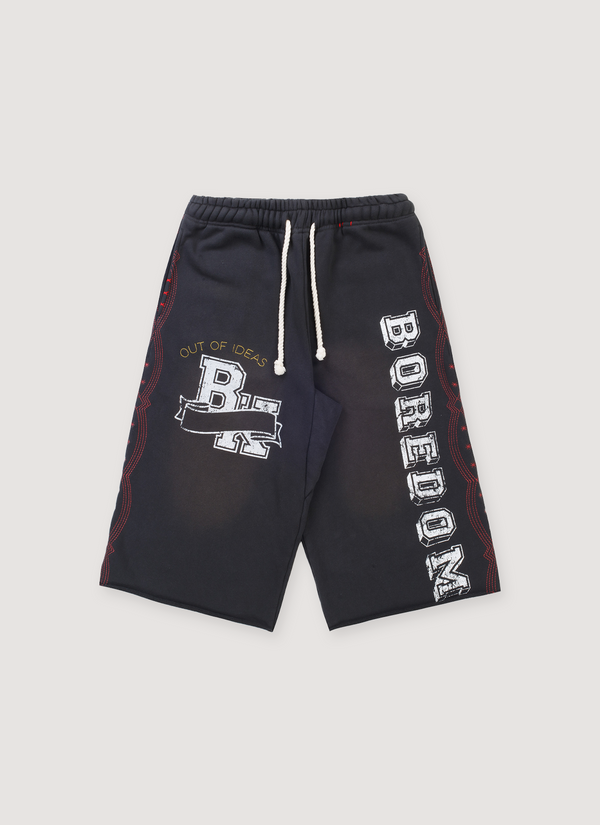 Boredom Kills Collegiate Sweat shorts washed black with designs, white text, and white drawstrings, front view Collegiate Sweatshorts - Authenticated Shorts | Pieces Los Angeles