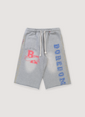 Boredom Kills Collegiate Sweat shorts washed grey with designs, blue and red text, and white drawstrings, front view Boredom Kills Collegiate Sweatshorts - Image 3 | Authenticated at Pieces Los Angeles