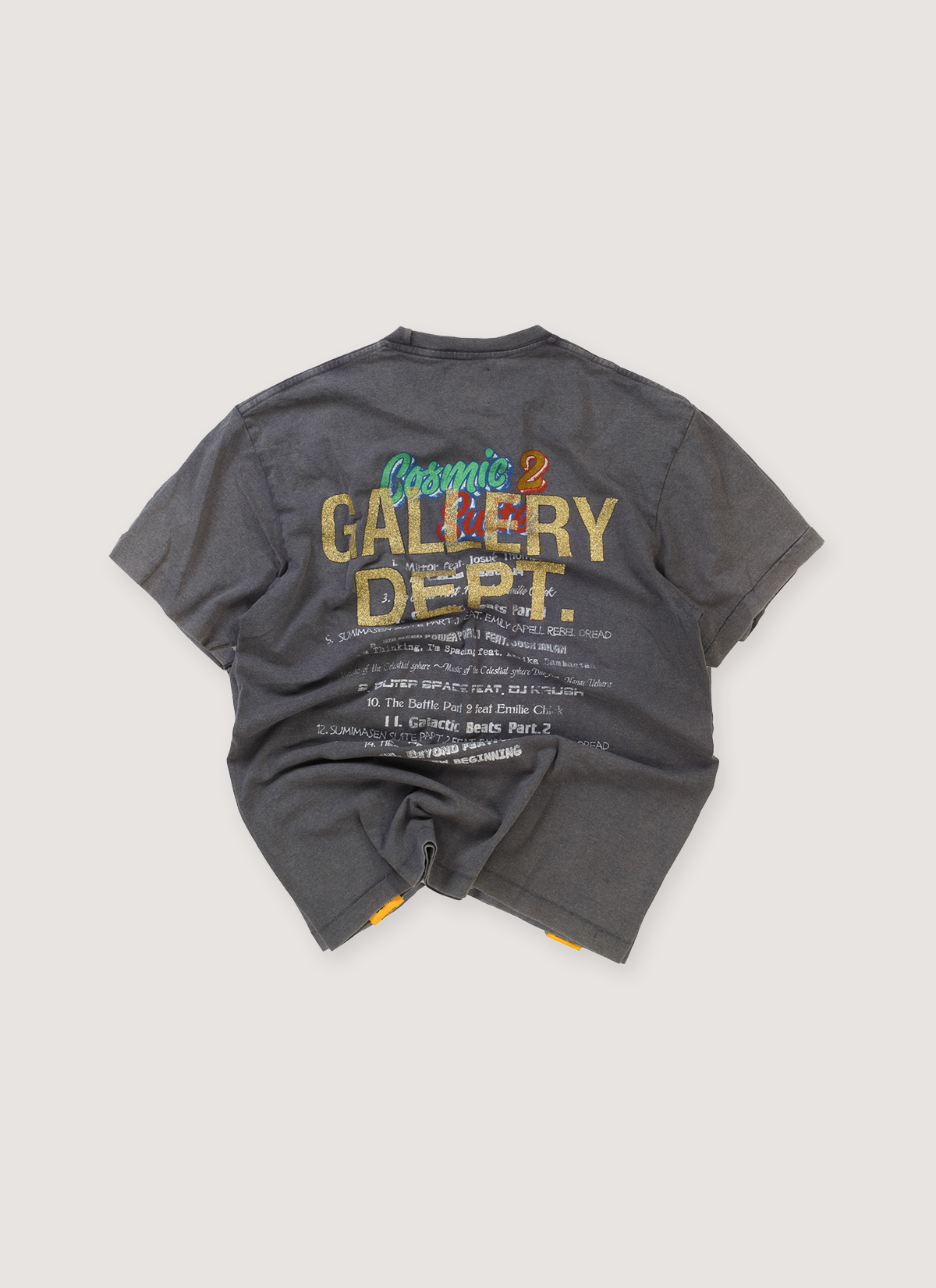 Gallery Dept. Cosmic Suite 2 Tee Shirt Vintage Black (Pre-Owned) with vintage wash and fade, garment dye, printed logos, glitter print logo, back view