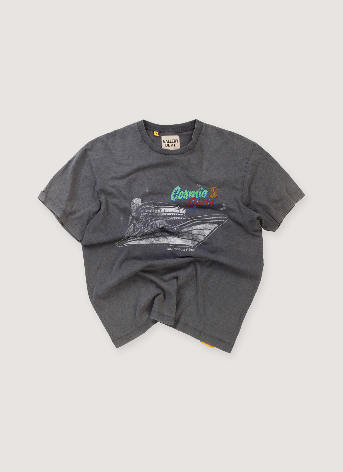 Gallery Dept. Cosmic Suite 2 Tee Shirt Vintage Black (Pre-Owned) with vintage wash and fade, garment dye, printed logos, glitter print logo, front view