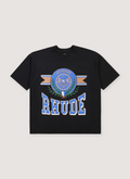 Rhude Cotsworld Crest Tee Shirt Vintage Black with printed blue logo and text, dropped shoulders, rib knit crewneck, front view Rhude Cotsworld Crest Tee Vintage Black - Image 1 | Authenticated at Pieces Los Angeles