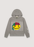 Denim Tears CPFM Cactus Tears Sweatshirt Grey hoodie with white text all over and a graphic of a yellow happy face with a green and red bandana, front view