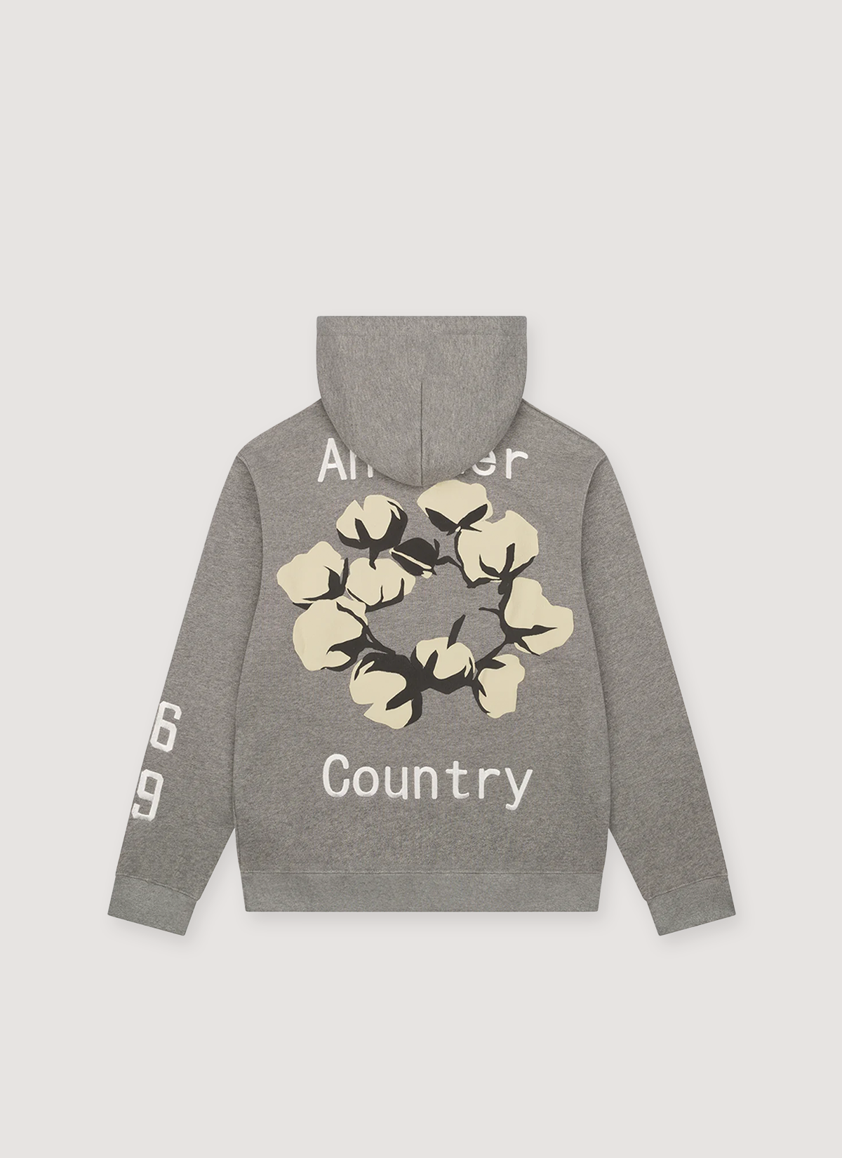 Denim Tears CPFM Cactus Tears Sweatshirt Grey hoodie with white text and a tan off-white wreath flower graphic, back view