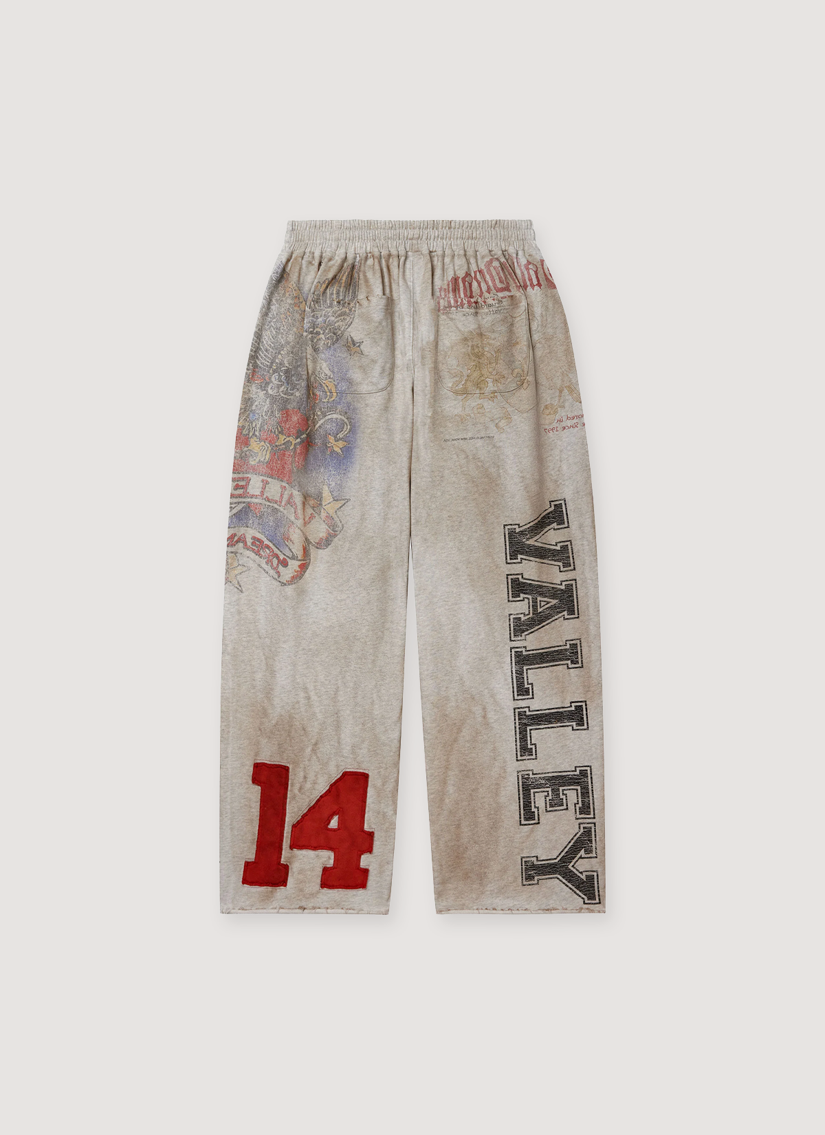 Vale Forever Crash Sweatpants Dirty Grey with faded graphics aand patches all over, back view