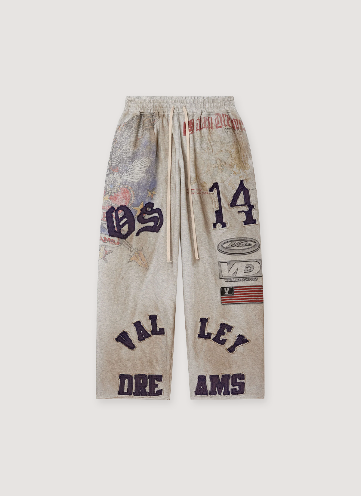 Vale Forever Crash Sweatpants Dirty Grey with faded graphics aand patches all over, front view