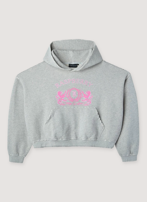 GV Gallery Raspberry Crest Sweatshirt Grey Pink with French terry cotton, light distressed detailings, printed logos, ribbed hem and cuffs, boxy, cropped fit, front view Raspberry Crest Sweatshirt Grey Pink - Authenticated Sweatshirts | Pieces Los Angeles