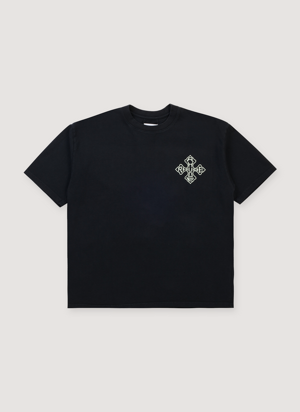 Rhude Cross Tee Shirt Vintage Black cotton jersey with rib knit crewneck, small white printed cross logo, dropped shoulder, front view Cross Tee Vintage Black - Authenticated T-shirts | Pieces Los Angeles