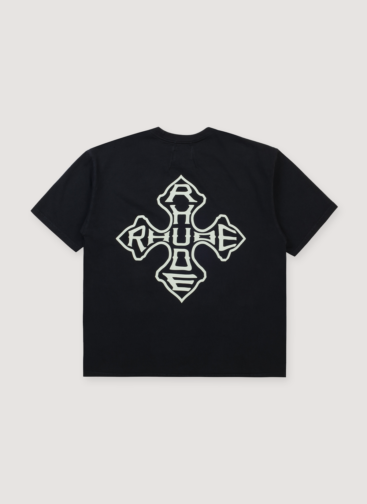 Rhude Cross Tee Shirt Vintage Black cotton jersey with rib knit crewneck, big white printed cross logo, dropped shoulder, dart at back collar, back view