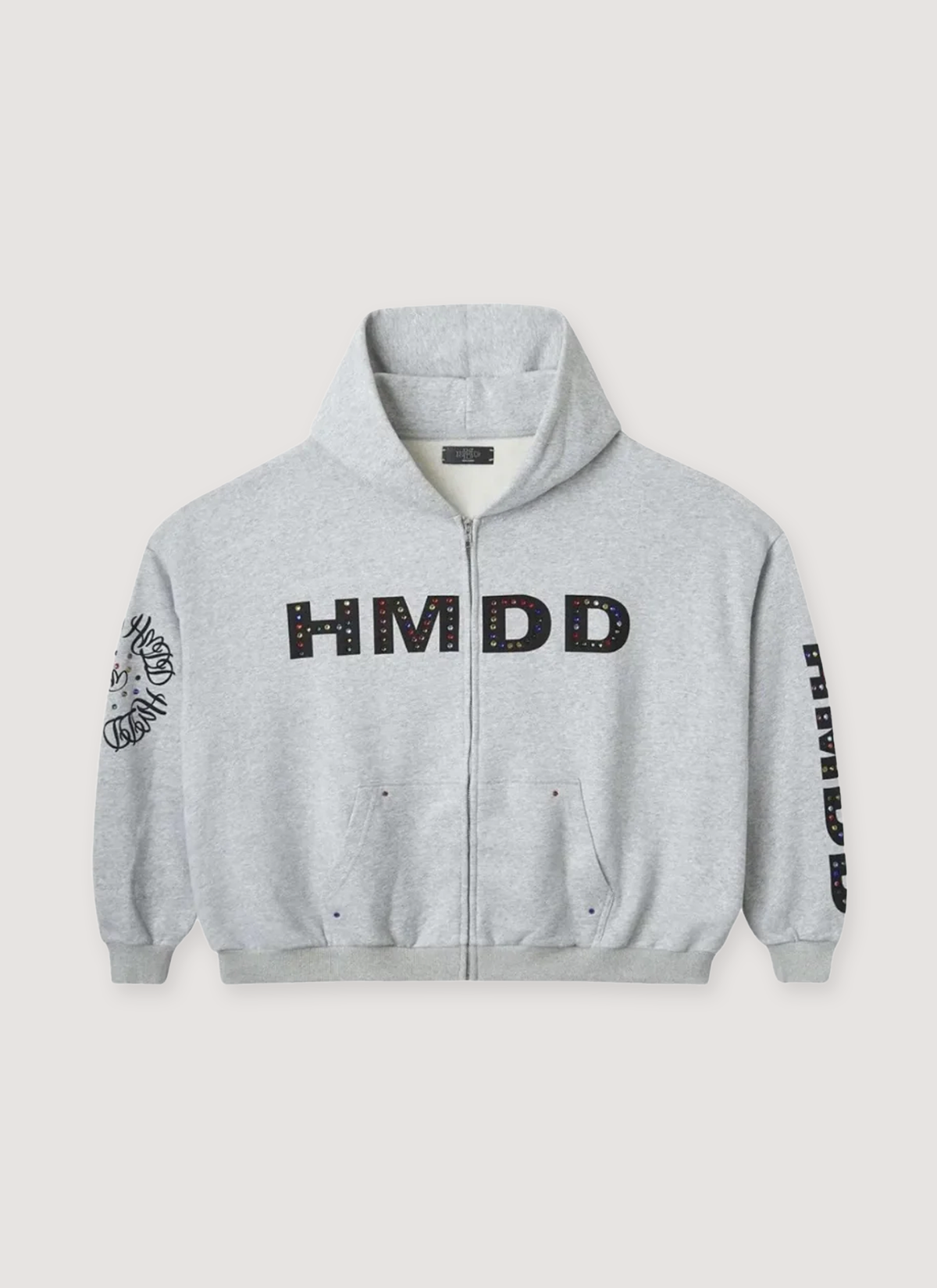 HMDD Happy Memories Don't Die Chimestone Zip Up Sweatshirt Heather Grey Hoodie with black text and logo on the hoodie and sleeves, front view HMDD Chimestone Zip Up Sweatshirt Heather Grey - Image 1 | Authenticated at Pieces Los Angeles