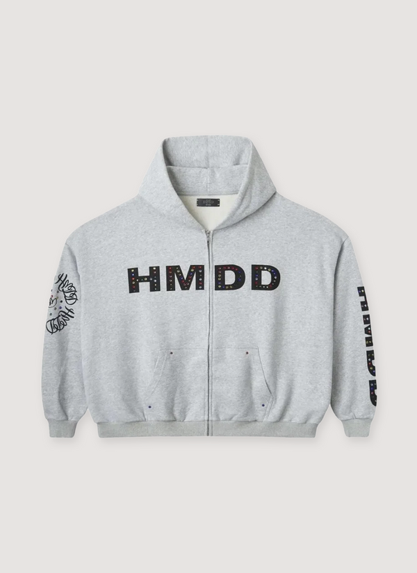 HMDD Happy Memories Don't Die Chimestone Zip Up Sweatshirt Heather Grey Hoodie with black text and logo on the hoodie and sleeves, front view Chimestone Zip Up Sweatshirt Heather Grey - Authenticated Sweatshirts | Pieces Los Angeles