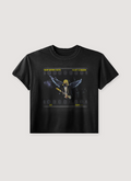 GV Gallery Kurt Angel Tee Shirt Vintage Black with graphic of Kurt Cobain with a guitar and angel wings, front view GV Gallery Kurt Angel Tee Vintage Black - Image 1 | Authenticated at Pieces Los Angeles