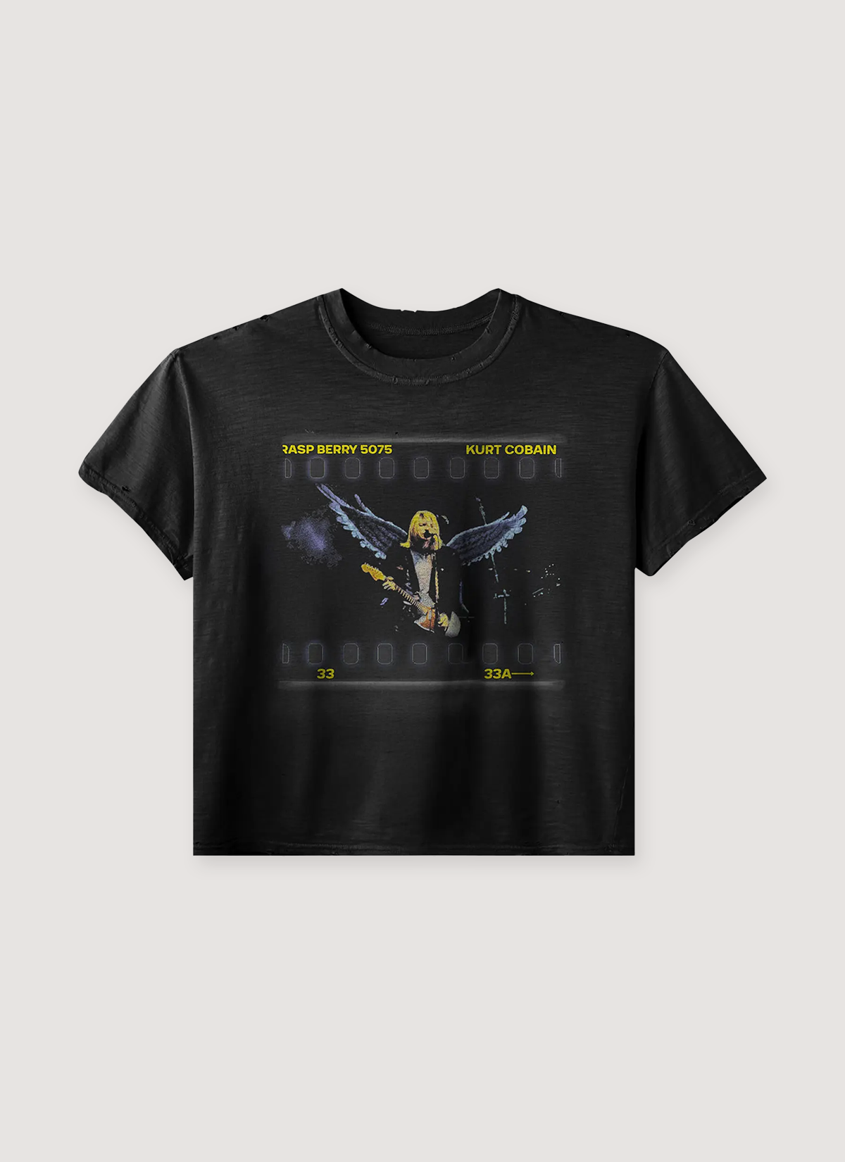 GV Gallery Kurt Angel Tee Shirt Vintage Black with graphic of Kurt Cobain with a guitar and angel wings, front view GV Gallery Kurt Angel Tee Vintage Black - Image 1 | Authenticated at Pieces Los Angeles