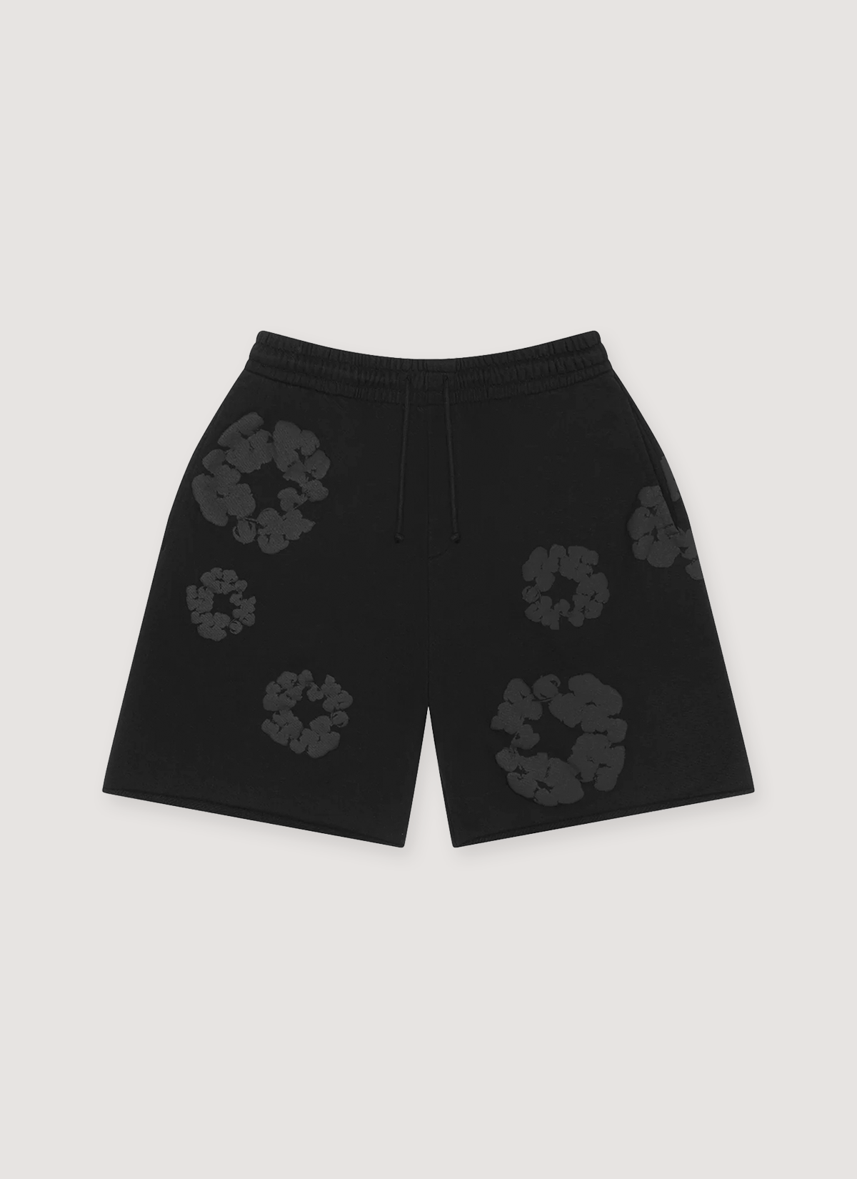 Denim Tears Mono Wreath Sweatshorts Black with monochrome graphic wreath flower graphics all over, front view