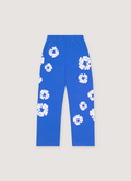 Denim Tears Cotton Wreath Open Hem Sweatpants Blue with white puff print all over cotton wreath logos, side seam pockets, drawcord adjustable elasticated waist, open hem, back view Denim Tears Cotton Wreath Open Hem Sweatpants Blue - Image 2 | Authenticated at Pieces Los Angeles