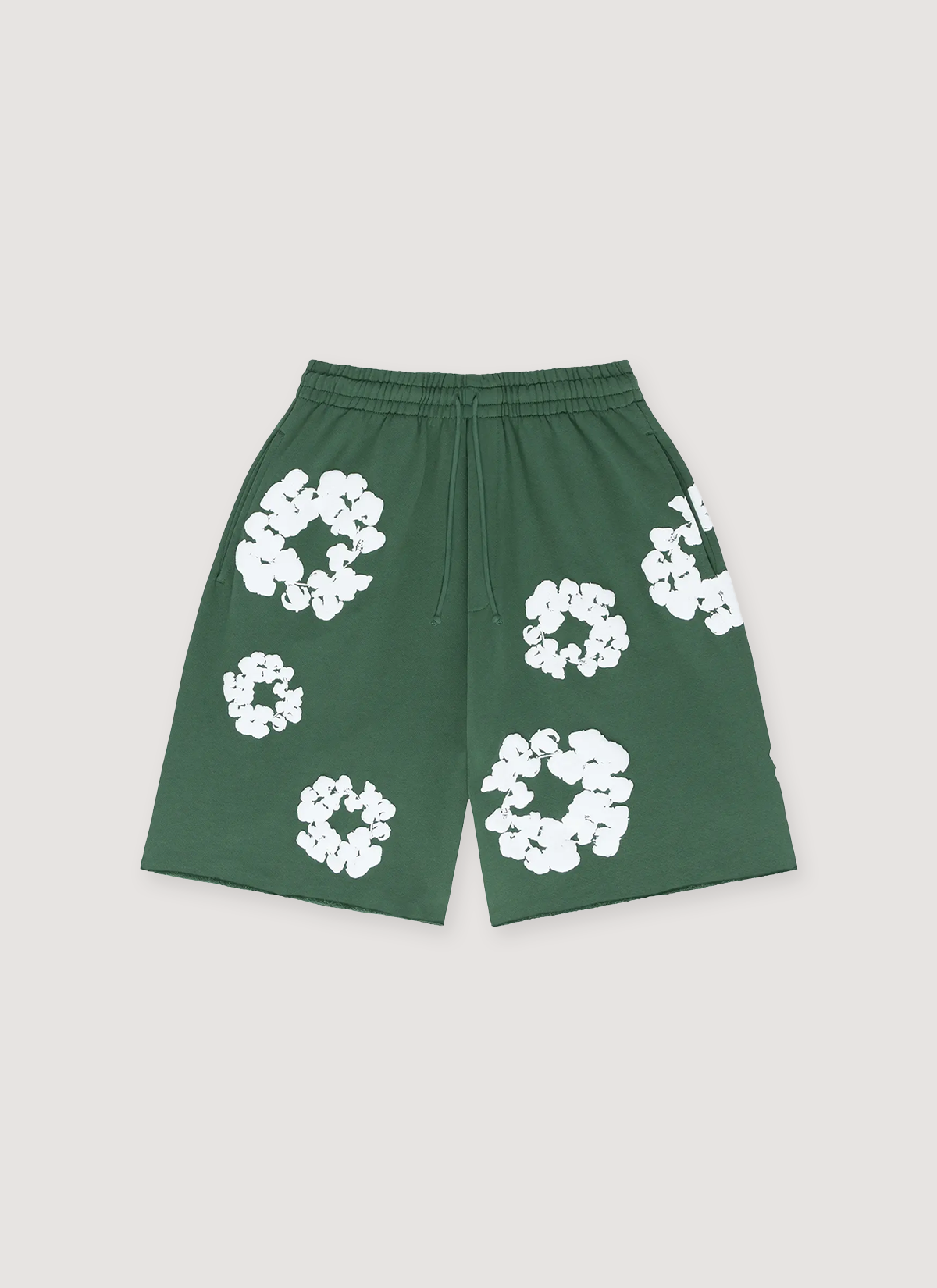 Denim Tears Cotton Wreath Sweatshorts Green with white wreath flowers all over, front view