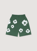 Denim Tears Cotton Wreath Sweatshorts Green with white wreath flowers all over, back view Denim Tears Cotton Wreath Sweatshorts Green - Image 2 | Authenticated at Pieces Los Angeles