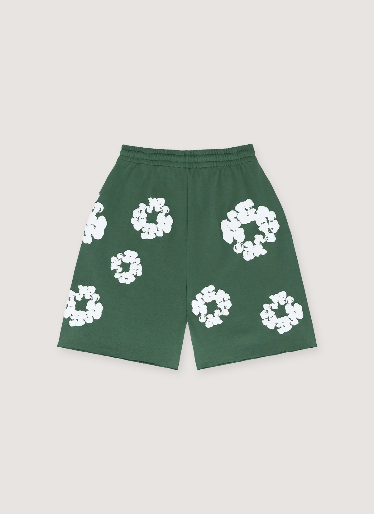 Denim Tears Cotton Wreath Sweatshorts Green with white wreath flowers all over, back view