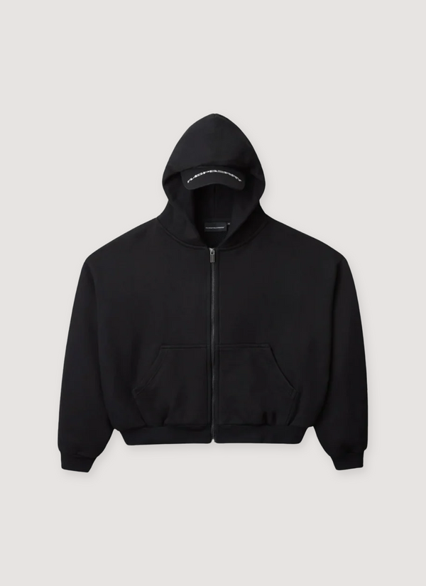 GV Gallery Dad Zip Up Sweatshirt Black Hoodie with hat brim snapback built into the hood, front view Dad Zip Up Sweatshirt Black - Authenticated Sweatshirts | Pieces Los Angeles
