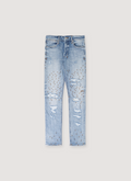 Ksubi Van Winkle Dakota Repair Denim Blue jeans with distressings and tears, front view Ksubi Van Winkle Dakota Repair Denim Blue - Image 1 | Authenticated at Pieces Los Angeles