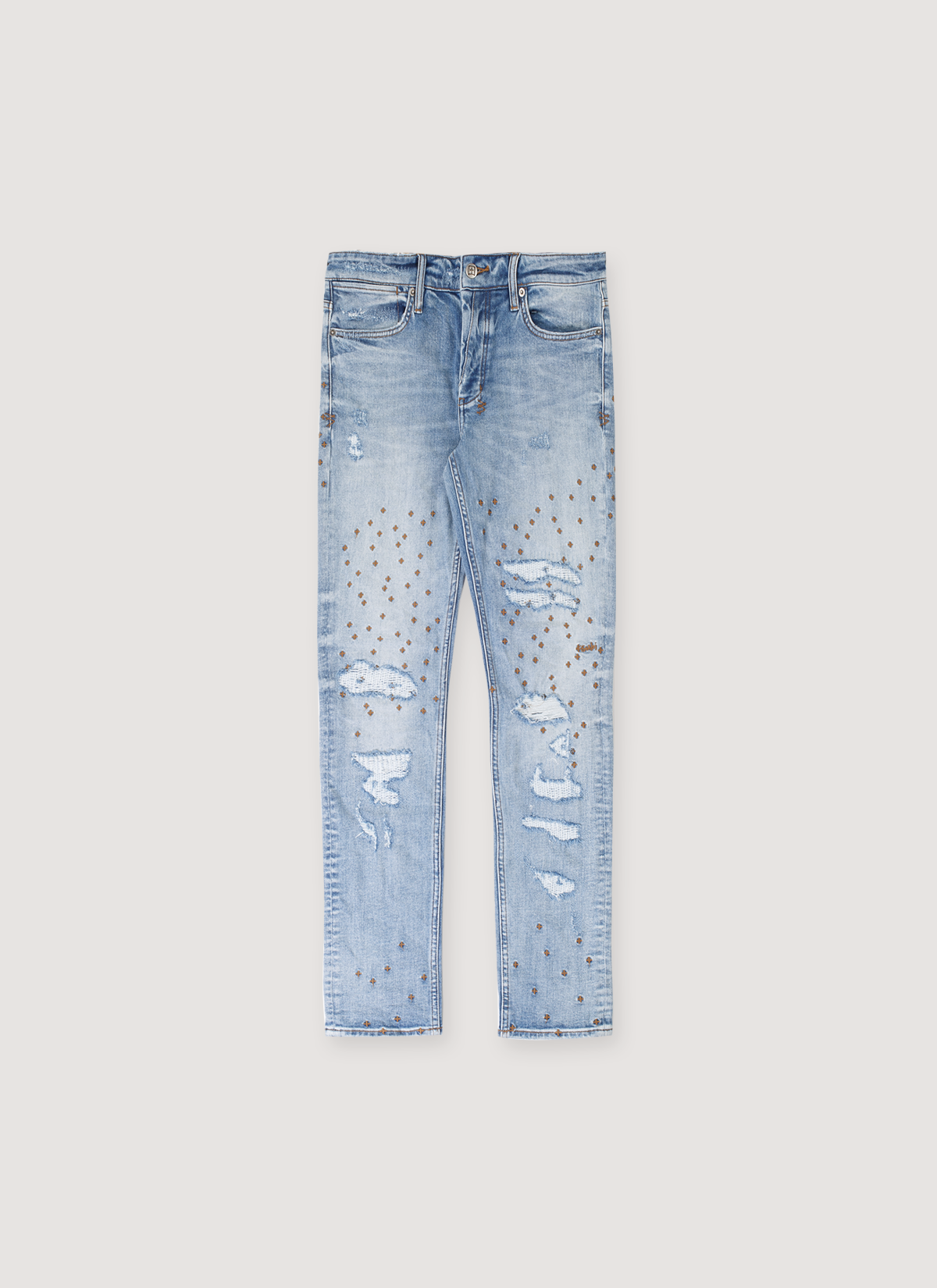 Ksubi Van Winkle Dakota Repair Denim Blue jeans with distressings and tears, front view Ksubi Van Winkle Dakota Repair Denim Blue - Image 1 | Authenticated at Pieces Los Angeles