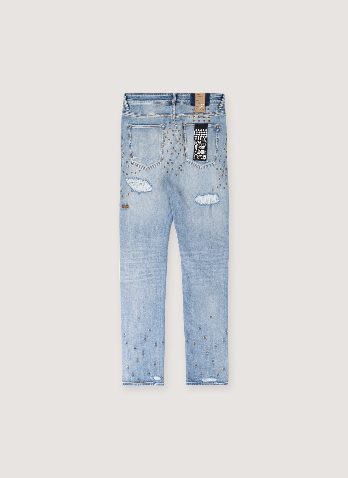 Ksubi Van Winkle Dakota Repair Denim Blue jeans with distressings and tears, back view Ksubi Van Winkle Dakota Repair Denim Blue - Image 2 | Authenticated at Pieces Los Angeles