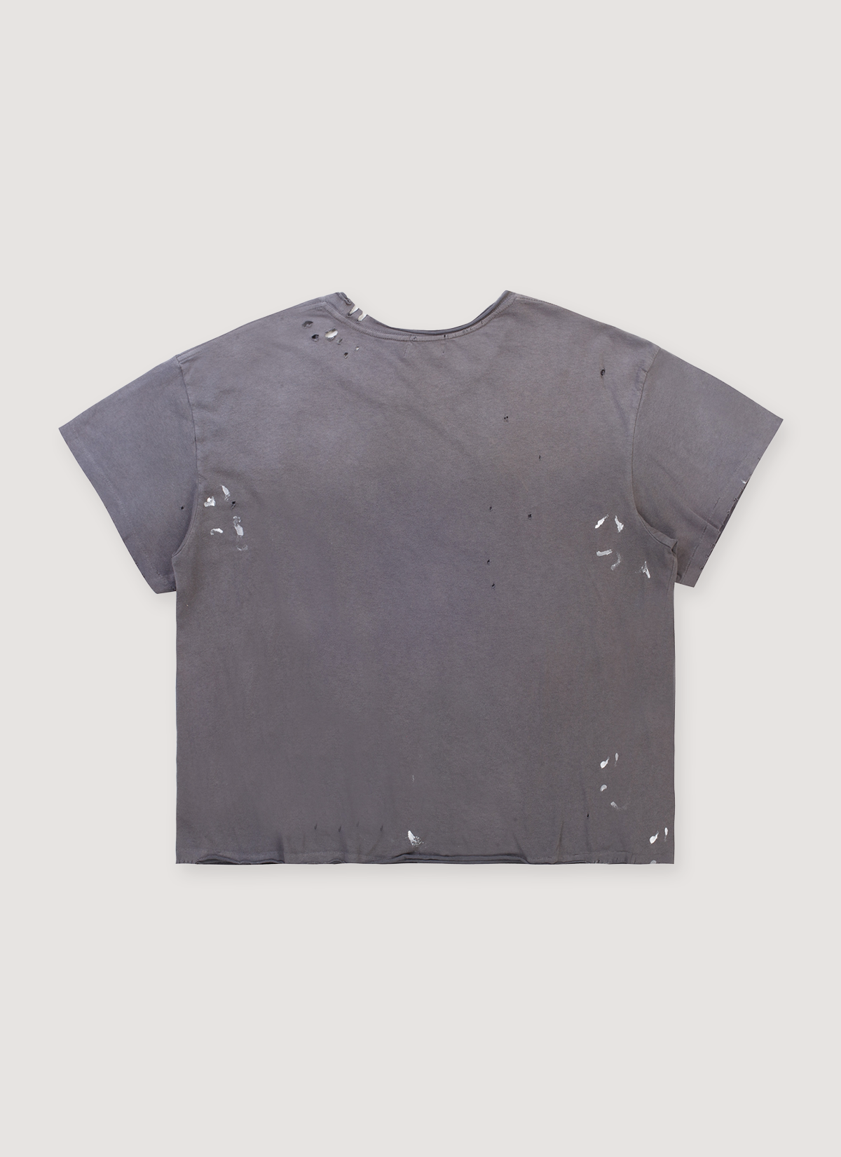 Enfants Riches Déprimés Classic Logo Tee Shirt Damaged Black with rib knit neckline, distressed details, paint splatters, signature wash process, single stitch hems, front view