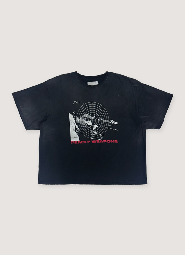 Eifles Deadly Weapons Tee Shirt Vintage Black with a black and white graphic of a target on a man looking through a scope, red text, front view Deadly Weapons Tee Vintage Black - Authenticated T-shirts | Pieces Los Angeles