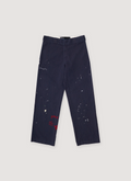 Paly Hollywood Complex Exclusive Dickies Rework Work Pants Navy with white red paint splatter, and embroidered 3D artwork, front view Paly Hollywood Complex Exclusive Dickies Rework Work Pants Navy - Image 1 | Authenticated at Pieces Los Angeles