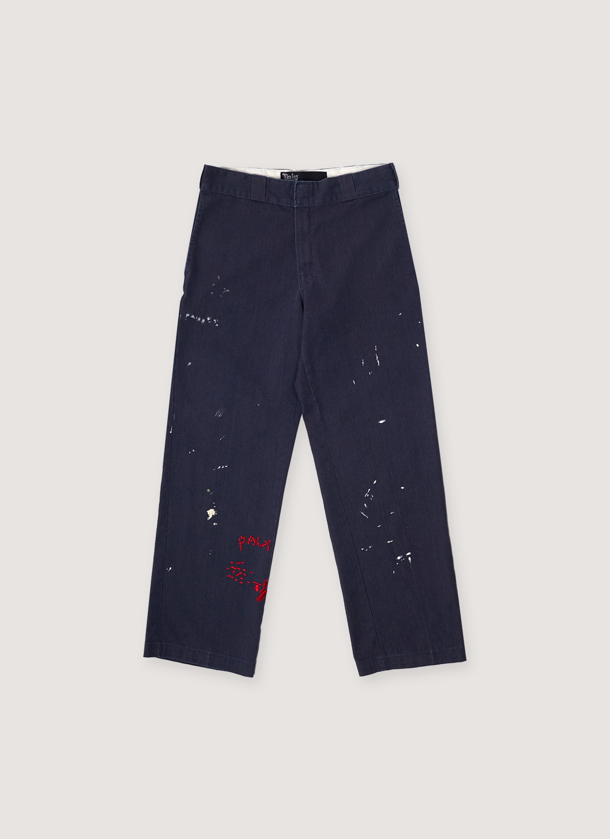Paly Hollywood Complex Exclusive Dickies Rework Work Pants Navy with white red paint splatter, and embroidered 3D artwork, front view Paly Hollywood Complex Exclusive Dickies Rework Work Pants Navy - Image 1 | Authenticated at Pieces Los Angeles