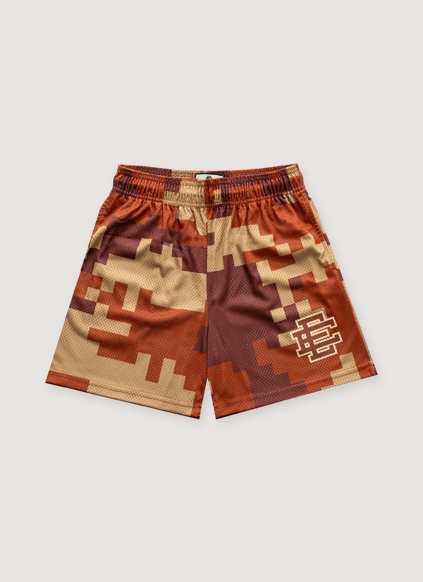 Eric Emanuel Basic Short Digi Camo Brown Orange Tan Digital Shorts front view Basic Short Digi Camo Brown - Authenticated Shorts | Pieces Los Angeles
