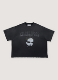 Eifles Velvet Disco Tee Shirt Vintage Black with printed logo of a girl's face, vintage wash, lightly distressed details, boxy cropped fit, front view Eifles Velvet Disco Tee Vintage Black - Image 1 | Authenticated at Pieces Los Angeles