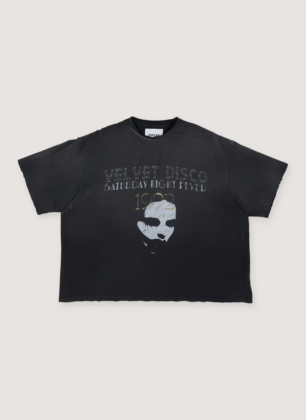 Eifles Velvet Disco Tee Shirt Vintage Black with printed logo of a girl's face, vintage wash, lightly distressed details, boxy cropped fit, front view Velvet Disco Tee Vintage Black - Authenticated T-shirts | Pieces Los Angeles