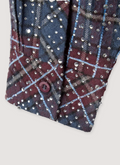 HMDD LA Happy Memories Don't Die Disco Flannel Navy Red cotton flannel with rhinestone pattern, button closure, close up view of sleeve HMDD Disco Flannel Navy Red - Image 3 | Authenticated at Pieces Los Angeles