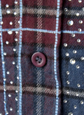 HMDD LA Happy Memories Don't Die Disco Flannel Navy Red cotton flannel with rhinestone pattern, button closure, close up view of button HMDD Disco Flannel Navy Red - Image 4 | Authenticated at Pieces Los Angeles