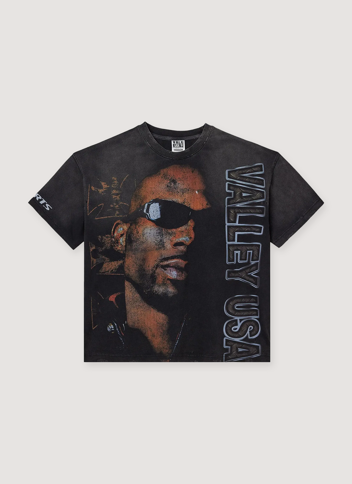 Vale Forever The Dog Tee Shirt Vintage Black with printed Snoop Dogg logo, vintage wash and distressed, boxy cropped fit, front view