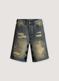 Lost SHDWS DSTRY Denim Shorts Blue Black with repaired holes all over and asterisks running down the inseam, front view Lost SHDWS DSTRY Denim Short Blue Black - Image 1 | Authenticated at Pieces Los Angeles