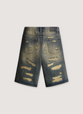 Lost SHDWS DSTRY Denim Shorts Blue Black with repaired holes all over and faded color, back view Lost SHDWS DSTRY Denim Short Blue Black - Image 2 | Authenticated at Pieces Los Angeles