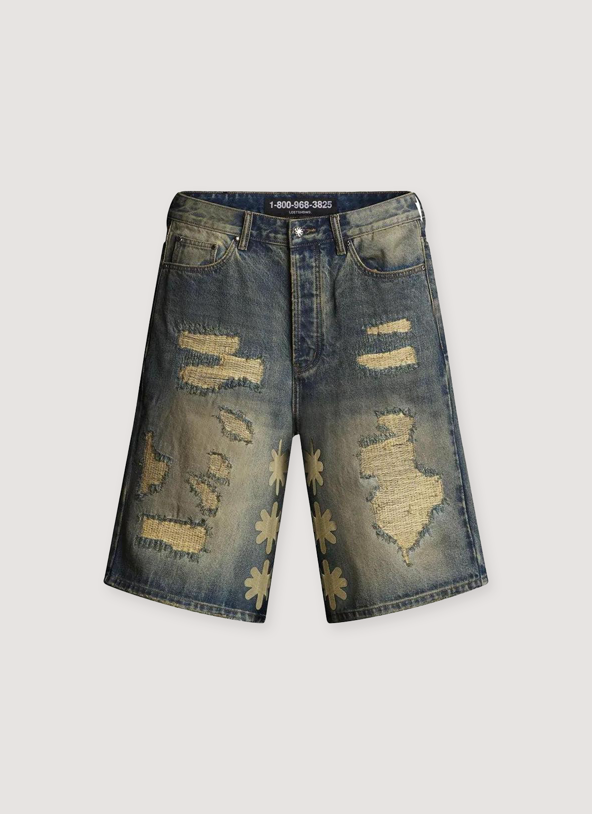 Lost SHDWS DSTRY Denim Shorts Blue Bone with repaired holes all over, faded color, and asterisks running down the inseam, front view