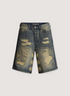 Lost SHDWS DSTRY Denim Shorts Blue Bone with repaired holes all over, faded color, and asterisks running down the inseam, front view