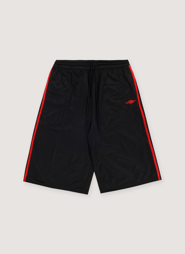 Pieces Elongated Mesh Shorts Black Red with black drawstrings, front view Elongated Mesh Shorts Black Red - Authenticated Shorts | Pieces Los Angeles