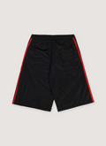 Pieces Elongated Mesh Shorts Black Red with black drawstrings, back view Pieces Elongated Mesh Shorts Black Red - Image 2 | Authenticated at Pieces Los Angeles