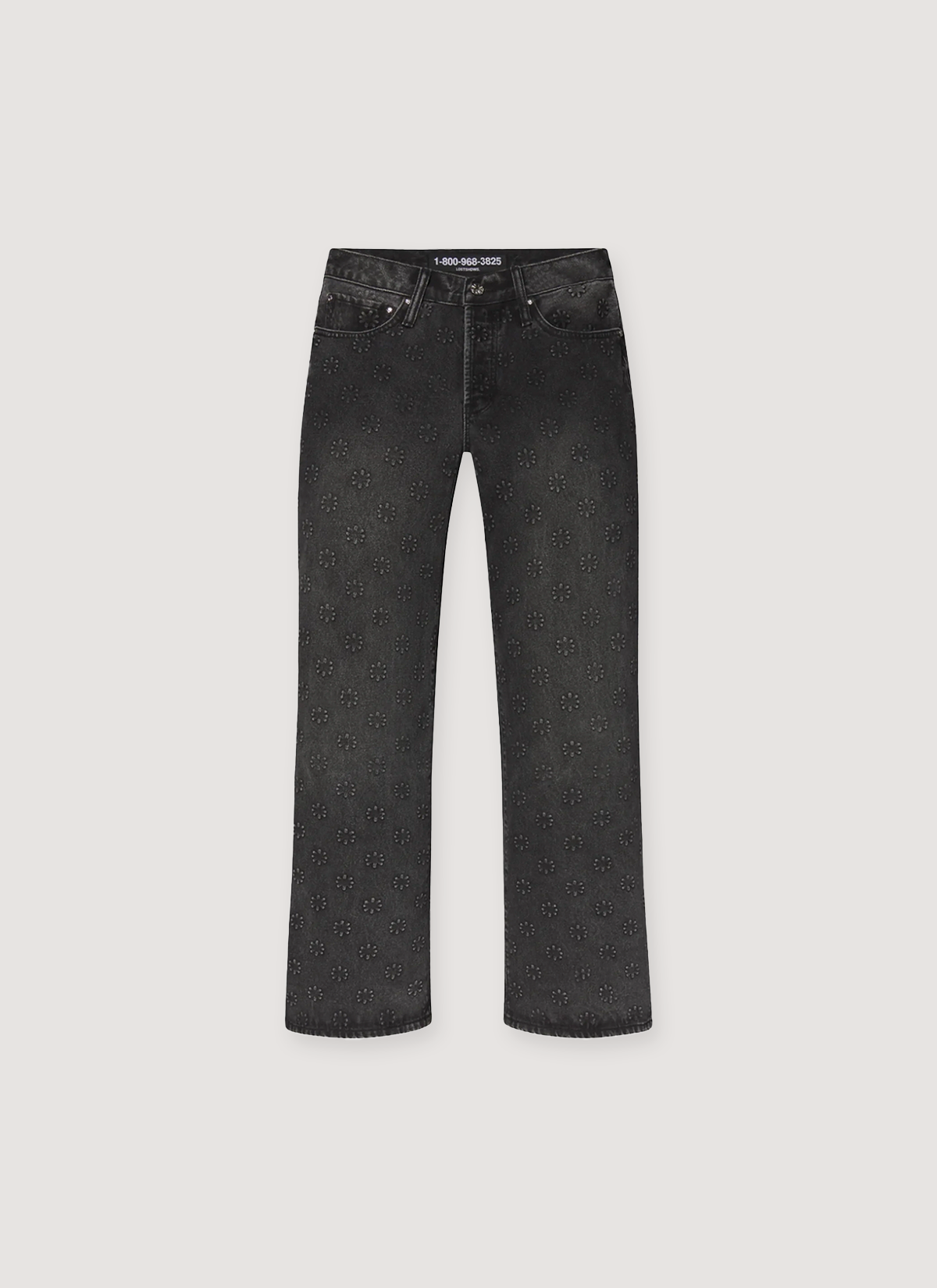 Lost SHDWS Embossed Denim Jeans Black with black monochrome asterisk logos all over, front view