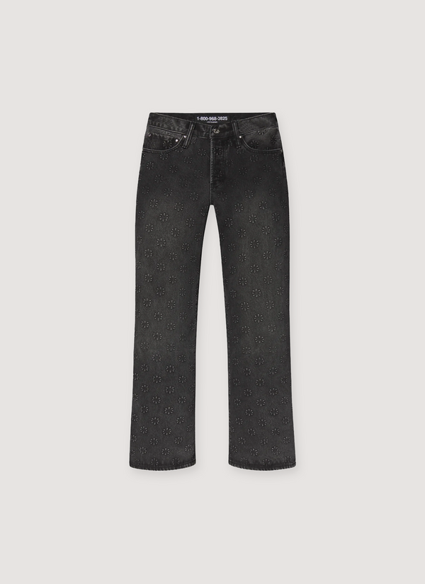 Lost SHDWS Embossed Denim Jeans Black with black monochrome asterisk logos all over, front view Embossed Denim Black - Authenticated Jeans | Pieces Los Angeles